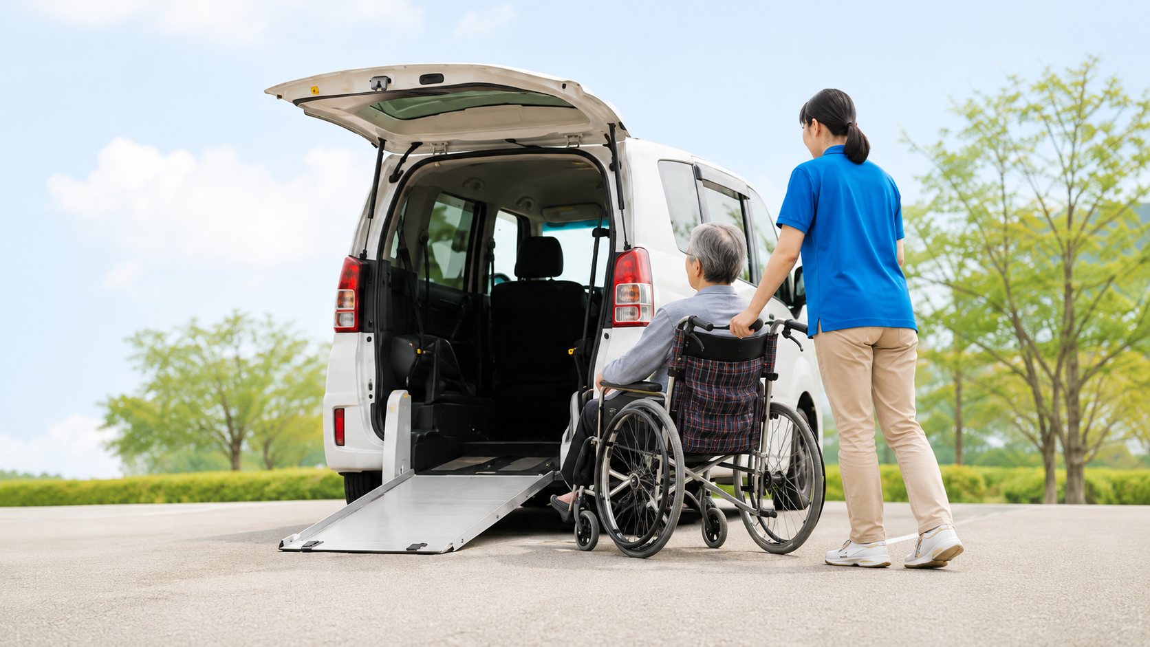 スロープを出した福祉車両に車いすで乗り込む高齢の方と介助スタッフ